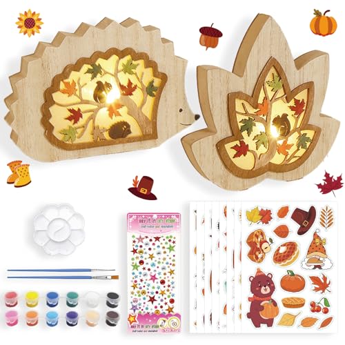 Shinybox Herbstdeko Lampe, 3D Holz LED Dekoration Laterne, 2 Stück DIY Herbst Dekoration mit 8 Herbstlichen Aufklebern + 12 Farben der Farbe, Herbst Holz Ornament für Party Erntedankfest Innen Deko(B) von Shinybox