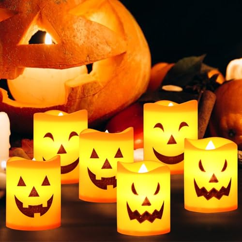 Shinybox LED Halloween Deko Kerzenlichter, 6 Stück Halloween Kürbis Lichter, LED Kerzen Kürbis Licht Batteriebetriebene, Halloween Deko Licht, Halloween Dekorationen für Innen Außen von Shinybox