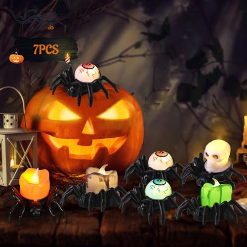 Shinybox LED Halloween Deko Kerzenlichter, 7 Stück Halloween Spinne Kerzenlicht Flammenlos Batterie, Halloween Spinne Lampe mit Kerzen, Totenköpfen, Augäpfeln, Halloween Dekorationen für Innen Außen von Shinybox