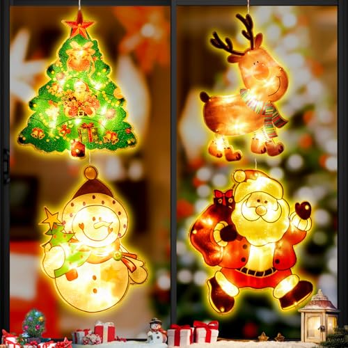 Shinybox LED Vorhang Licht, 4er Set LED Saugnapf Weihnachten Lichter, Weihnachtsbeleuchtung Fenster Kinder, Weihnachten Saugnapf LED Deko, Weihnachtsbeleuchtung Hängend Fensterlicht, Weihnachtsdeko(B) von Shinybox