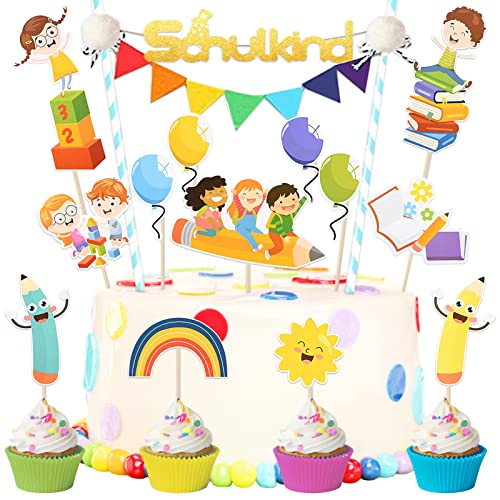 Shinybox Schulanfang Dekorationen, 14 Stück Schulanfang Cupcake Topper Dekorationen für Einschulung, Schulanfang Cupcake Topper, Schulbeginn Kuchendekoration für Schulanfang Party Jungen Mädchen von Shinybox