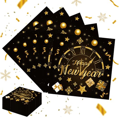 Shinybox Servietten Neujahr, 100 Stücke Neujahr Papierservietten, Papierservietten Tissue Neujahr, Papierservietten Neujahr als Tischdeko Neujahr, Schwarz Gold Silvester Dekoration(Neujahr) von Shinybox