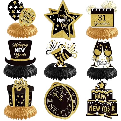 Shinybox Silvester Deko 2025, 9 Stück Silvester Bienenwaben Deko Papier, Schwarz Gold Silvester Dekoration, Neujahrsdeko für Silvesterparty, Silvester Party Dekorationen Supplies(B) von Shinybox