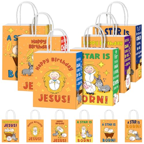 Shinylin 24 Stück Happy Birthday Jesus Geschenktüten Bulk Religiöse Weihnachten Papier Geschenktüten Happy Birthday Jesus Party Supplies Krippe Geschenktüten Christliches Geschenkpapier für von Shinylin