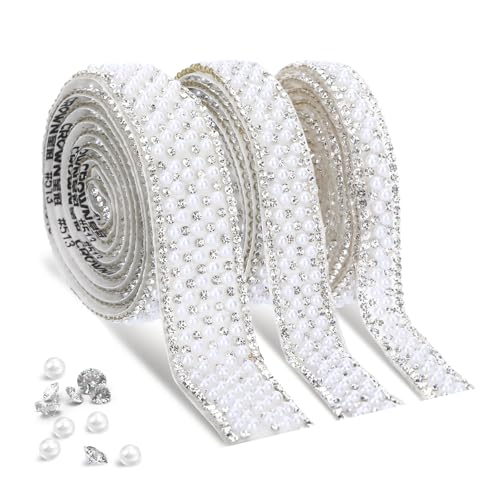 3 Rollen Perlenaufkleber, Perlen zum Basteln, Strassband, Perlenband, Strasssteine zum Basteln Strassstreifen Selbstklebende Strasssteine Wrap Kristallstreifen für DIY Hochzeit Handwerk Dekoration von ShioShin