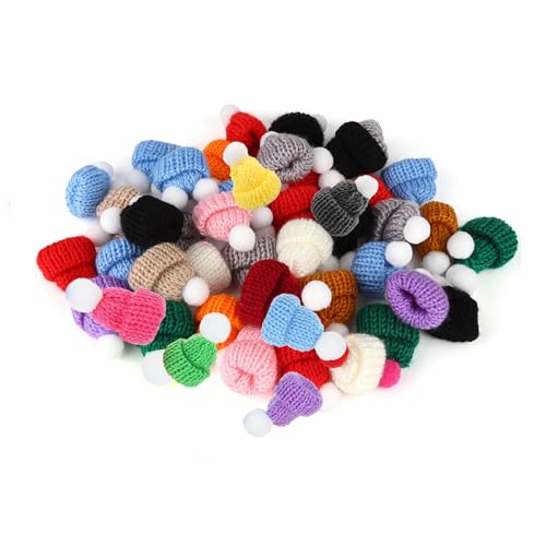 Shirene Sorgenwürmchen Zubehör,50 Stück Mini Hüte Strickmützen Weihnachtsmützen,Mini Weihnachtsmützen,DIY Mini Party Hüte für DIY Handwerk Kunst Weinflasche Deko Christmas Baumschmuck Puppenzubehör von Shirene