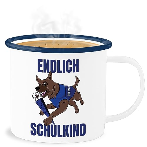 Emaille Becher Blechbecher - Einschulung Geschenk Tasse Schulanfang - Endlich Schulkind Polizei Hund mit Schultüte - 300 ml - Weiß Blau - erste schuljahr erstklässler 1.schultag schuleingang von Shirtracer