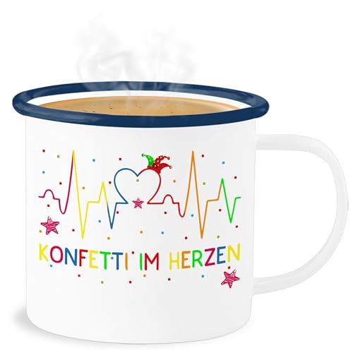 Emaille Becher Blechbecher - Karneval & Fasching - Tassen - Konfetti im Herzen Herzschlag I - 300 ml - Weiß Blau - fasching- carnevale karnevals faschings verkleidet carnival karneva fasnets von Shirtracer