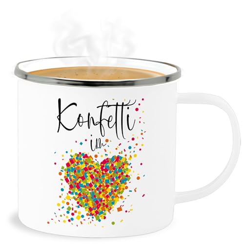 Emaille Becher Blechbecher - & Fasching Tassen - Konfetti im Herzen Kalligrafie - Confetti Herz Konfetti für Alle Karneval Köln - 300 ml - Weiß Silber - faschings verkleidet karnevals carnival von Shirtracer