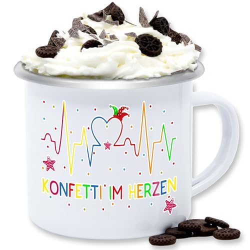 Emaille Tasse Blechtasse - & Fasching - Tassen - Konfetti im Herzen Herzschlag I Köln Karneval - 300 ml - Weiß Silber - fasching- regenbogenfarben carnevale für alle karnevals konfetti+im+herzen von Shirtracer