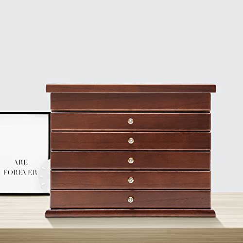 6 Ebenen Schmuckschatulle SchmuckkäStchen Schaukasten Aufbewahrungsbox Koffer Gift Kasten Geschenke Vitrine Schmuckkasten GroßEs Rechteckig Mit Griffe Geschnitztes Design Retro Holz Braun von Shiyinge