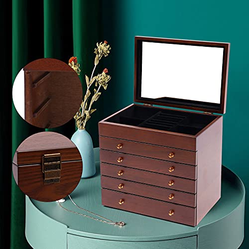 6 Ebenen Schmuckschatulle SchmuckkäStchen Schmuck Aufbewahrungsbox Mit Spiegel Holz Schmuckkoffer GroßE SchmuckkäStche Und Schublade Gift Groß Kasten Box Retro Schmuckkasten GroßEs Rechteckig Braun von Shiyinge