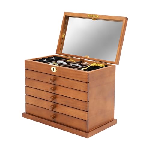 6 Schichten Schmuckkasten Aus Holz Schmuckkoffer Schmuckschatulle Mit Spiegel SchmuckkäStchen Juwelenkasten Aufbewahrungsbox Vintage Schmuck-Organizer Braun mit Vierblättriges Kleeblatt schnitzen von Shiyinge