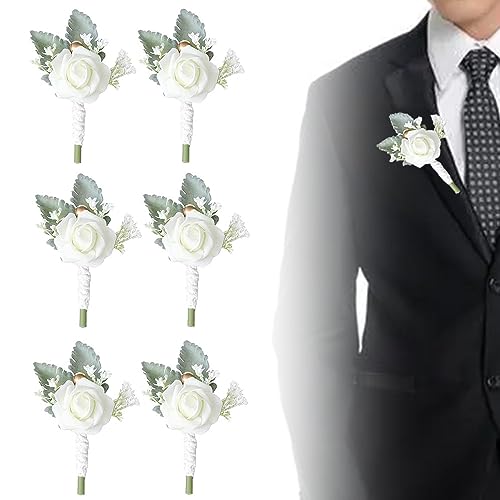 Shnmin 6 Stück Hochzeit Braut Blumen Anstecker, Hochzeit Rose Blumen Anstecker, Hochzeit Boutonniere, Rose Blumen Anstecker, Handgefertigte Blumen-Rosen, für Partys, Hochzeiten, Veranstaltungen von Shnmin