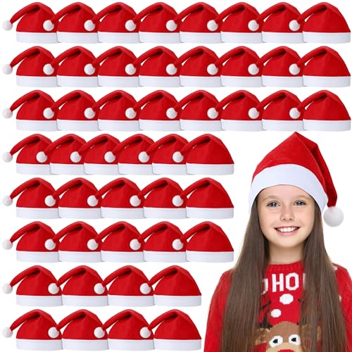 Shojoy 48 Stück Weihnachtsmannmützen für Kinder 10,2x15 Zoll Rote Weihnachtsweihnachtsmützen Vlies Weihnachtsmütze von Shojoy