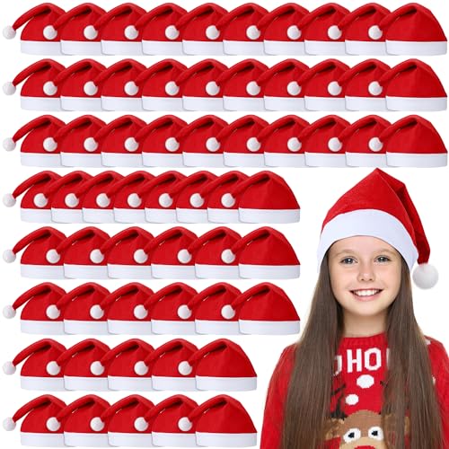 Shojoy 60 Stück Weihnachtsmannmützen für Kinder 10,2x15 Zoll Rote Weihnachtsweihnachtsmützen Vlies Weihnachtsmütze von Shojoy