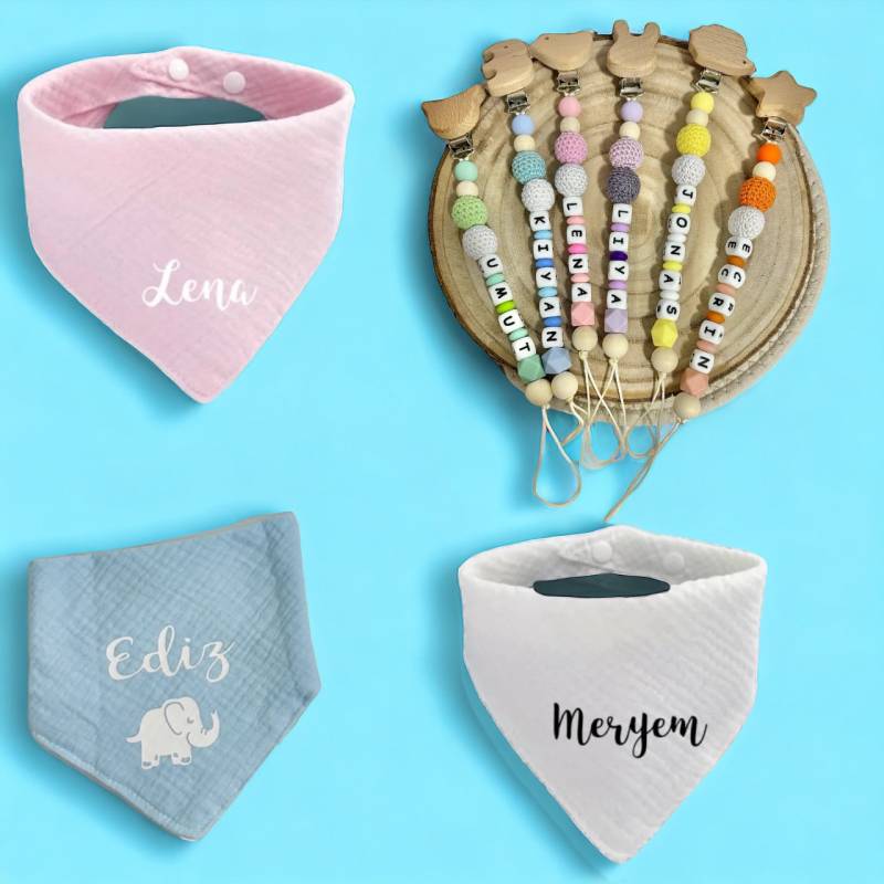 Schnullerkette Personalisiert Und Baby Lätzchen Mit Namen, Motiv, Häkelperlen von ShopbyhandmadeShop