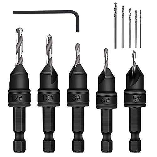 Shovelmty 5-Teiliges Set mit 3/8- Schnell Wechseln Bohrern mit 82° Fase, Verstellbaren HSS Bohrern, Senkkopf Loch Bohrer Werkzeug Kit von Shovelmty