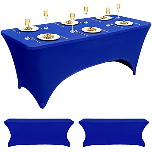 2 Packungen Elasthan Tischdecke 6ft Polyester Rechteckige Tischdecke Dehnbare Tischdecke Eng anliegende Tischdecke Hochzeitsbankett Party Cocktailbar Terrasse Handwerksausstellungen Tischdecke (Blau) von Showgeous