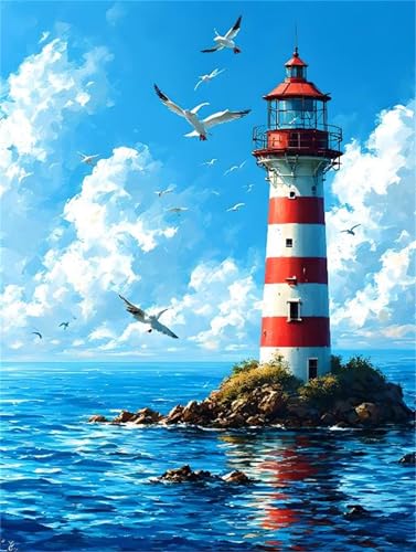 Malen Nach Zahlen Erwachsene Leuchtturm Blauer Himmel Malen Nach Zahlen Kinder mit 3-Pinseln und Acrylfarbe Diy Set, Paint by Numbers Adult Leinwand Handgemalt öLgemäLde Kit Als 80x110cm s-1921 von Shozhoo