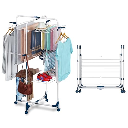 Clothes Airer Tower, Faltbar und platzsparend, 3 Levels, 6 Faltbare Flügel, Rollable and Stable, Mobile Tower Clothes Airer, Drying Rack für Innen und Außen große Familien von Shrivee