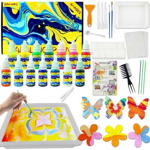 Shrubz Wassermarmorierfarbe für Kinder, 14 Farben Marmorierfarbe Kunst Set, Marmorierfarbe Marbling Paint Kit Kinder, Kunst und Handwerk Bastelsets für Mädchen und Jungen Geschenke 6+ Jahre von Shrubz