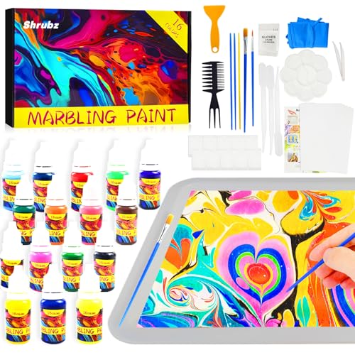 Shrubz Wassermarmorierfarbe für Kinder 16 Farben Marmorierfarbe Marbling Paint Kit Kinder, Marmorierfarbe Kunst Set Kunst und Handwerk Bastelsets für Mädchen und Jungen Geschenke 6+ Jahre von Shrubz