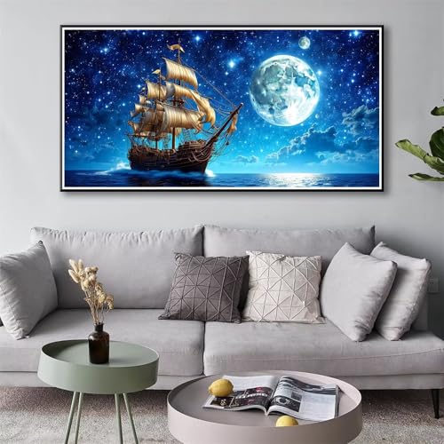 Diamond Painting Segelboot 5D Diamant Painting Bilder Mond Diamond Painting Erwachsene, Diamond Painting Set mit Zubehör, DIY Diamant Malerei für Wohnzimmer und Schlafzimmer Wanddeko 50 x 100 cm Y-93 von Shueayin