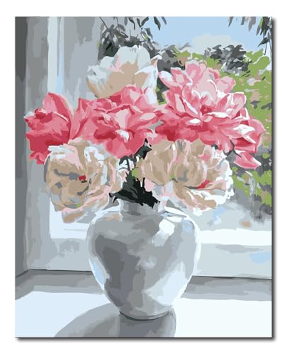 Shukqueen Malen nach Zahlen für Erwachsene, Ölgemälde nach Zahlen, Malen-nach-Zahlen-Set für Erwachsene, Anfänger, rosa weiße Pfingstrose am Fenster, 16 x 20/40 x 50 cm (Holzrahmen zum Selbstaufbau) von Shukqueen