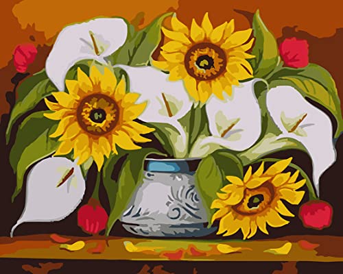 Shukqueen Malen nach Zahlen für Erwachsene, Ölmalen-nach-Zahlen-Set für Kinder, Erwachsene, Anfänger, Sonnenblumen, weiße Blumen, 50,8 x 66 cm (rahmenlos) von Shukqueen