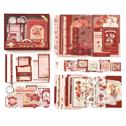 Shulian Blumen Scrapbook Zubehör Set Tagebuch Set Rot: kariertes A6 Notizbuch mit 123 Bullet Journal Zubehör, Scrapbooking Papier Stickers Notizblöcke, Reisebuch Tagebuch Geschenkset von Shulian