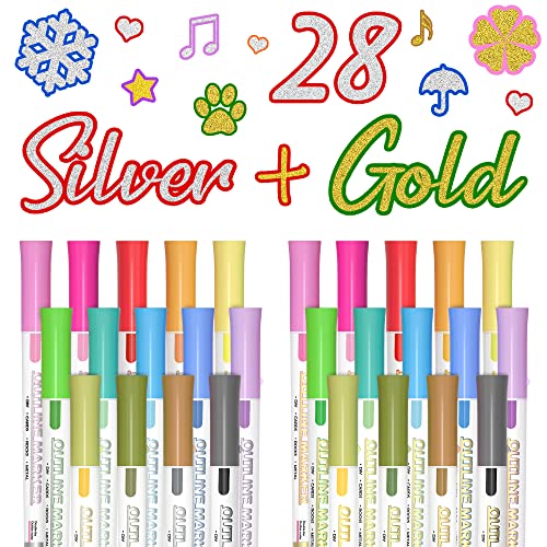 Shuttle Art 28 Glitzerstifte Magische Stifte, Metallic Outline Stifte Set mit 14 Silber, 14 Gold Farben, Outline Marker für Kinder Ostereier, Graffiti, Grußkarte, DIY, Zauberstifte Mädchen Geschenke von Shuttle Art