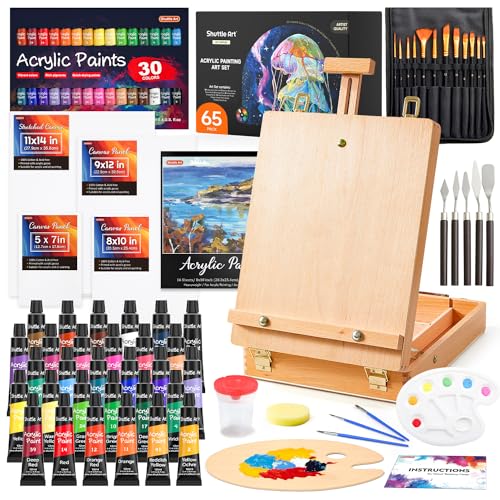 Shuttle Art 65 teiliger professioneller Malkoffer mit Tischstaffelei, 30 Acrylfarben Set, Leinwand, Pinsel, Palette, Schwamm, komplettem Zubehör, Malset für Kinder und Erwachsene geeignet von Shuttle Art