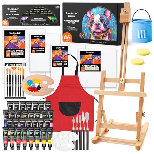 Shuttle Art 66 teiliger professioneller Malkoffer mit Tischstaffelei, 30 Acrylfarben Set, Leinwand, Pinsel, Palette, Schwamm, komplettem Zubehör, Malset für Kinder und Erwachsene mit staffelei holz von Shuttle Art