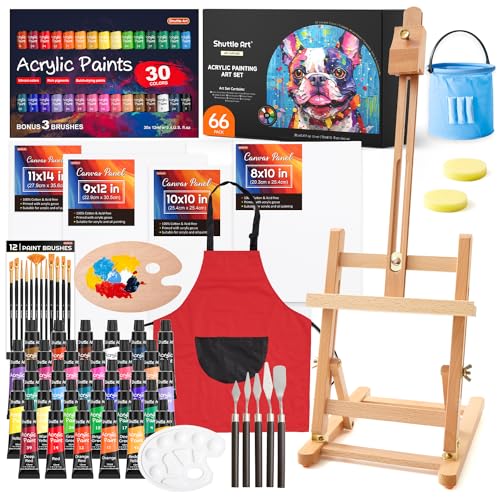 Shuttle Art 66 teiliger professioneller Malkoffer mit Tischstaffelei, 30 Acrylfarben Set, Leinwand, Pinsel, Palette, Schwamm, komplettem Zubehör, Malset für Kinder und Erwachsene mit staffelei holz von Shuttle Art