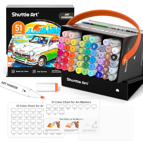 Shuttle Art Alkohol Marker, 50 buntes doppelseitiges Alkohol Marker Stifte Set mit Nr.0 Marker, Graphic Marker Stifte für Kinder & Erwachsene, Alkohol Stifte zum Zeichnen,Illustration,Skizzieren von Shuttle Art