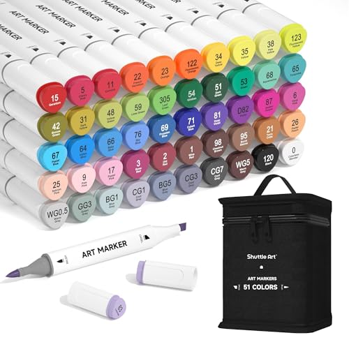 Shuttle Art Alkohol Marker, 50 bunte doppelseitige Alkohol Marker Stifte Set mit Pinsel- und Meißelspize, Graphic Marker Stifte für Kinder & Erwachsene, Alkohol Stifte zum Zeichnen,Illustration von Shuttle Art