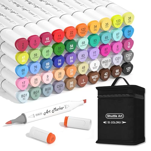 Shuttle Art Alkohol Marker, 50 bunte doppelseitige Alkohol Marker Stifte Set mit Pinsel- und Meißelspize, Graphic Marker Stifte für Kinder & Erwachsene, Alkohol Stifte zum Zeichnen,Illustration von Shuttle Art