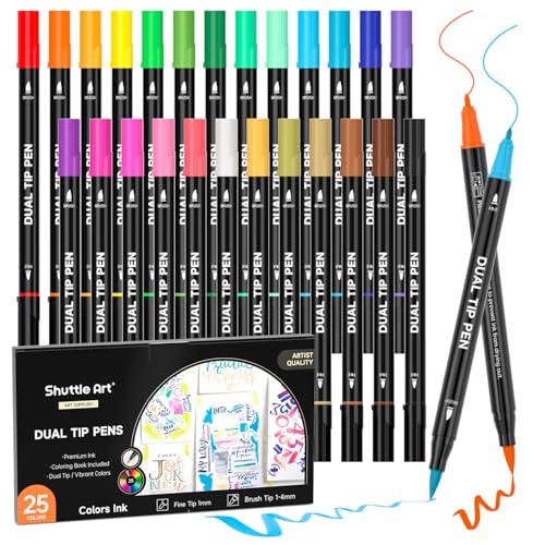 Shuttle Art Dual Brush Pen Set, 25 doppelseitige Pinselstifte, Filzstifte Dicke und Dünne, Aquarellstifte mit Malbuch für Kinder, Filzstifte für Erwachsene zum Malen Handlettering, Kalligraphie Stifte von Shuttle Art