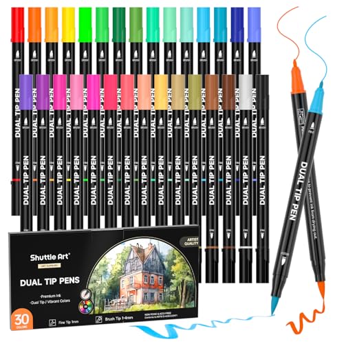 Shuttle Art Dual Brush Pen Set, 30 doppelseitige Pinselstifte, Filzstifte Dicke und Dünne, Aquarellstifte mit Malbuch für Kinder, Filzstifte für Erwachsene zum Malen Handlettering, Kalligraphie Stifte von Shuttle Art