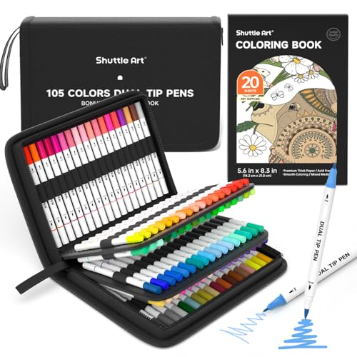 Shuttle Art Dual Brush Pens, 105 bunte doppelköpfige Pinselstifte mit weicher Spitze, zwei Schreibfedern: Fasermaler (1mm) und Fineliner(1-4mm), für Kinder und Erwachsene mit 1 Malbuch zum Schreiben von Shuttle Art