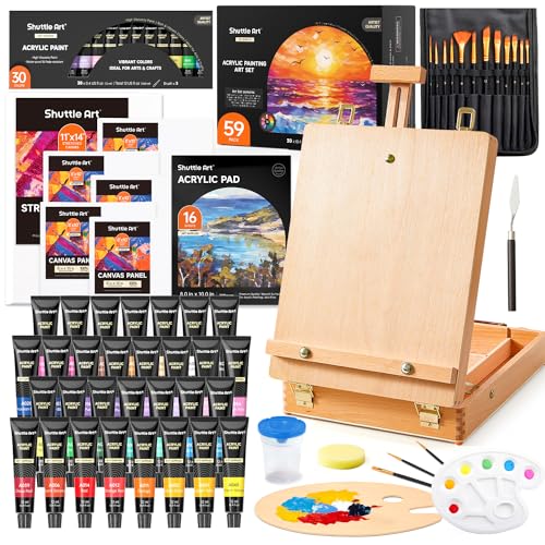 Shuttle Art Malkoffer, 59 teiliges professionelles Malset mit Tischstaffelei, 30 farbige Acrylfarben, Leinwand, Pinsel, Palette, Schwamm, komplettem Zubehör, für Kinder und Erwachsene geeignet von Shuttle Art