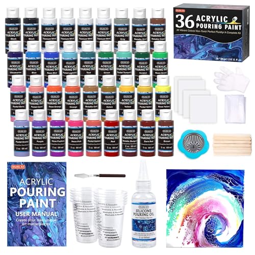 Shuttle Art Pouring Acrylfarben Set, 36 Acryl Farben in Flaschen (je 60m/2oz) mit Silikonöl & Leinwand, vorgemischtes Acrylic Pouring Farben für Stein, Holz, Papier, Künstlerbedarf für Erwachsene von Shuttle Art