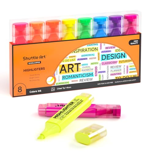 Textmarker, Shuttle Art 8-Farben-Textmarker mit Meißelspitze, schnell trocknender, ungiftiger fluoreszierender Marker, geeignet für Erwachsene und Kinder, ideal für Zuhause, Schule und Büro von Shuttle Art