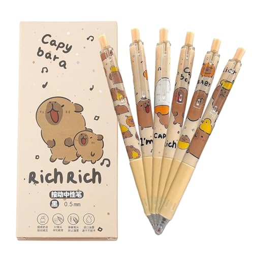 Shxupjn Capybara Kugelschreiber-Set, 0,5 mm feine Spitze, einziehbare Gelschreiber, 6 x Tierstifte, ästhetische Stifte, Schulbedarf für Mädchen und von Shxupjn