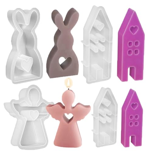 4 Stück Ostern Kaninchen Silikonformen,Ostern Silikon Kerzenformen,Silikonform Engel,Haus Kerze Silikonform,3D Kaninchen Gießform Ostern,Für Aromatherapie Kerzen Seife Fondant Ostern Heimdekoration von SiSfeL