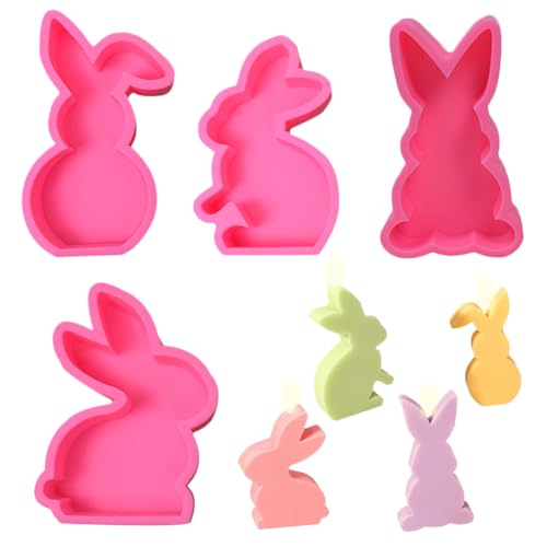 4 Stück Rosa Ostern Kaninchen Silikonform Gießform,3D Kaninchen Silikonform Gießform,Kaninchen Silikonform,Kreative Silikonform für die Herstellung von Kerzen,Kaninchen Kerze Gießform für DIY Crafts von SiSfeL