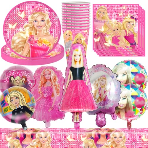 SiSfeL 48pcs Prinzessin Partygeschirr Barbi Geburtstag Deko Barbi Kindergeburtstag Partyteller Folienballons Barbi Partyzubehör für 10 Personen von SiSfeL