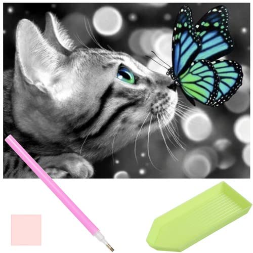 Diamond Painting Set mit Stift für Erwachsene und Kinder, 30x40 cm, runde Steine, 5D Diamond-Painting XXL 2024, Motiv Katze mit Schmetterling von SiaMed