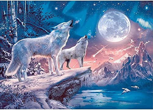 Diamond Painting Set mit Stift für Erwachsene und Kinder, 30x40 cm, runde Steine, 5D Diamond-Painting XXL 2024, Motiv Wölfe bei Vollmond von SiaMed